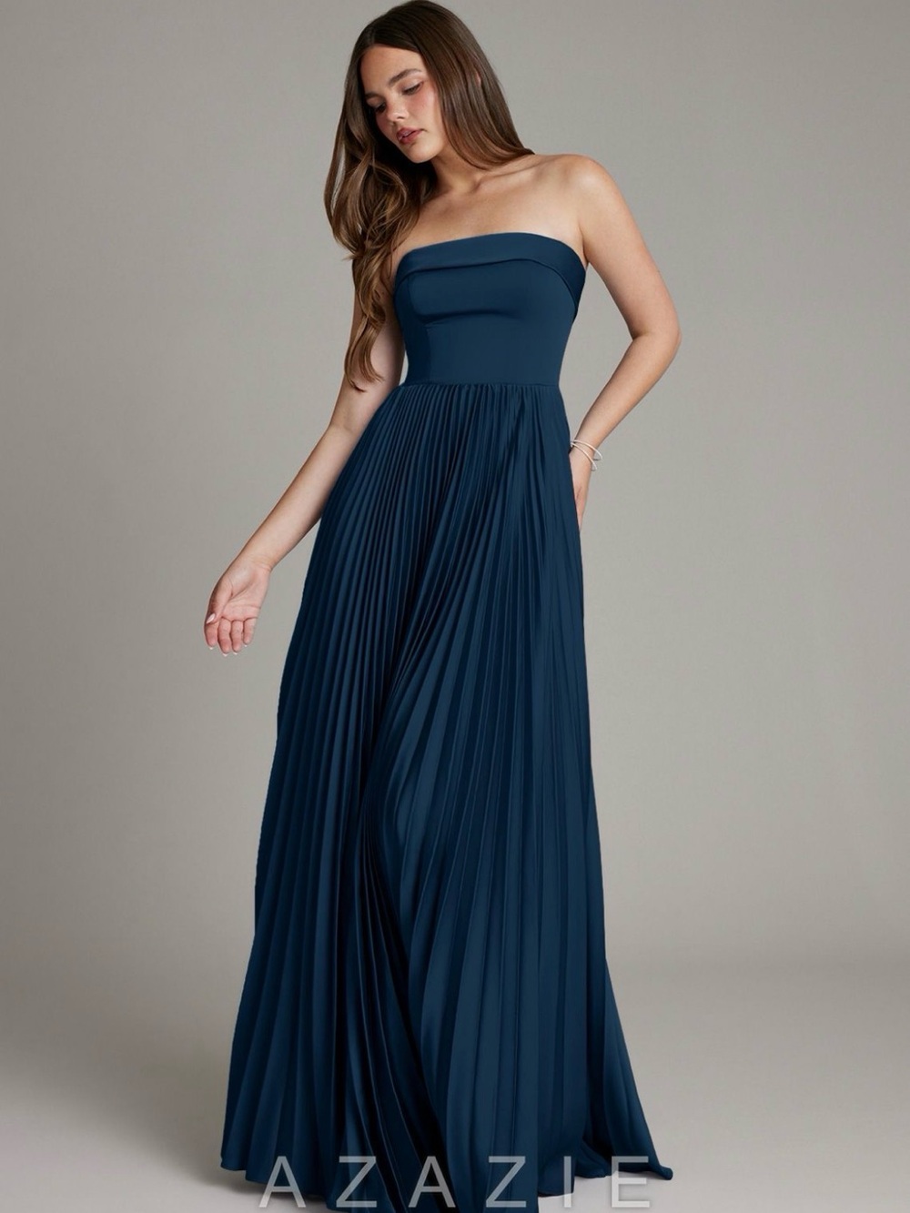 Azazie Mariana Strapless Pleated Dark Navy Evening Gown